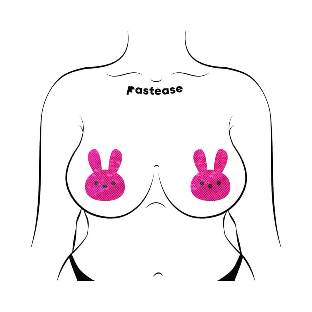 Pastease Glittery Pink Marshmallow Easter Bunny Nipple Pasties on a model's body, showcasing playful and sparkly design.