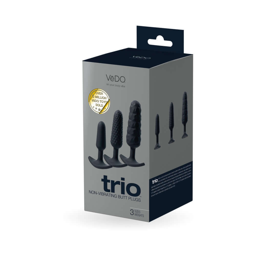 VeDO Trio Anal Plug Set Black packaging showcasing three non-vibrating butt plugs in various sizes and textures.
