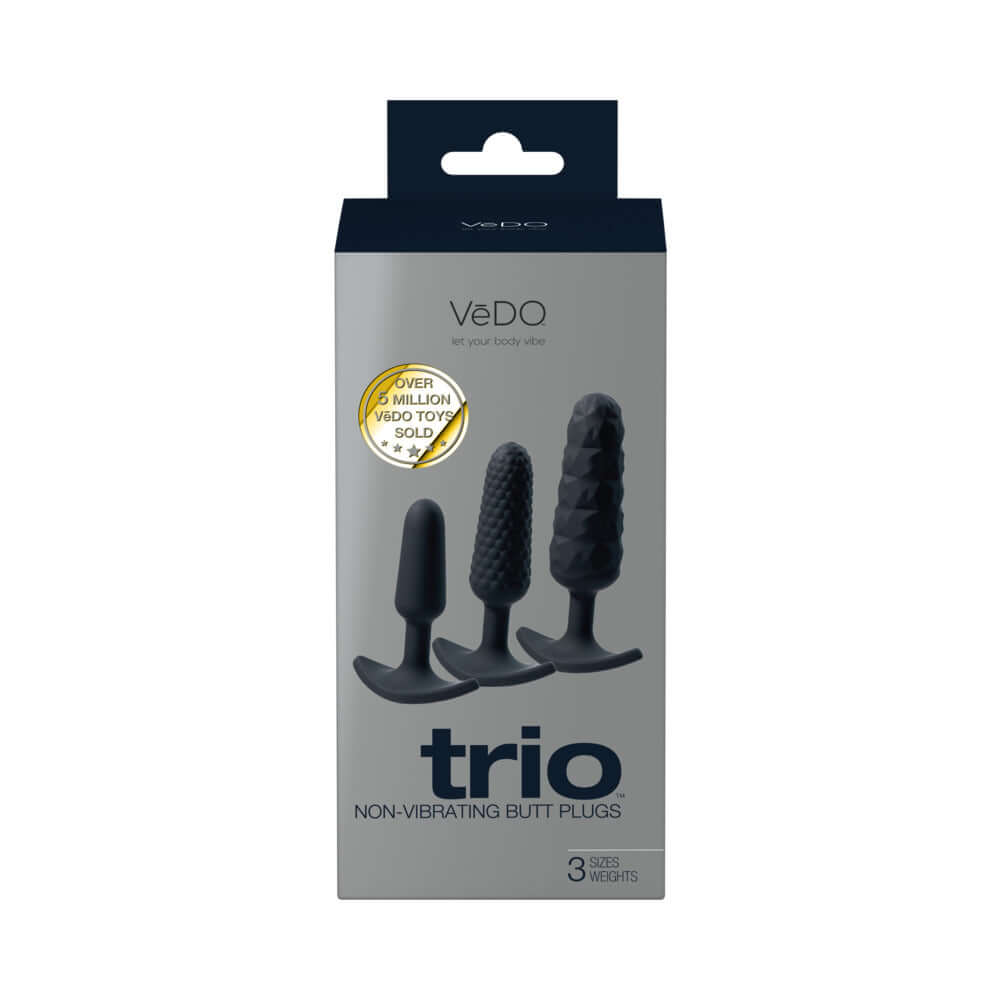 VeDO Trio Anal Plug Set Black packaging showcasing three non-vibrating butt plugs in black silicone.