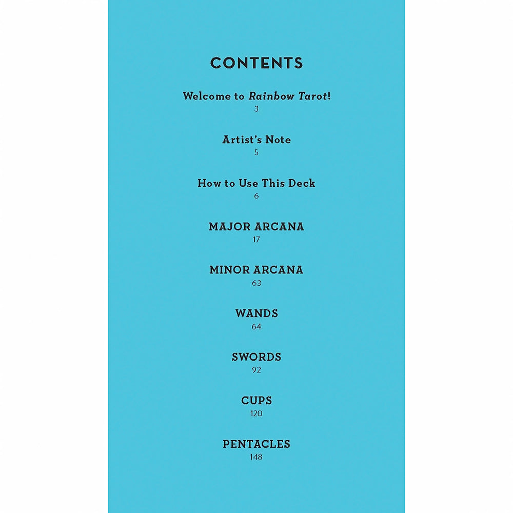 Contents page of Rainbow Tarot 78 Cards & Guidebook including sections on Major and Minor Arcana.