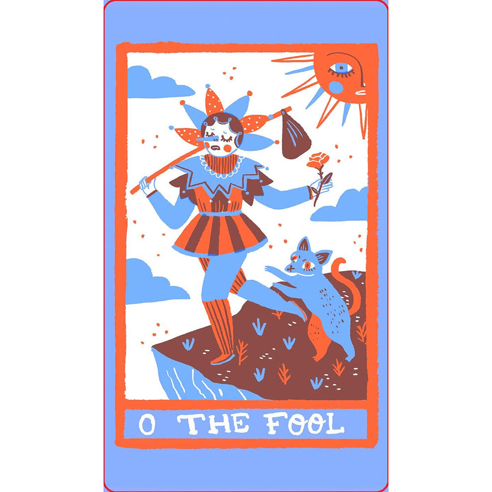 Rainbow Tarot 78 Cards & Guidebook featuring the Fool card with a jester and a fox in vibrant colors.