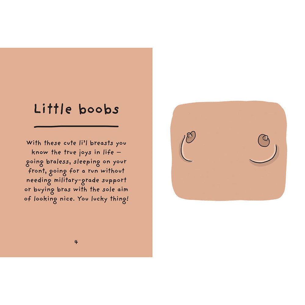 The Joy Of Boobies A Celebration Hardcover Book page featuring a playful illustration and text about little breasts.