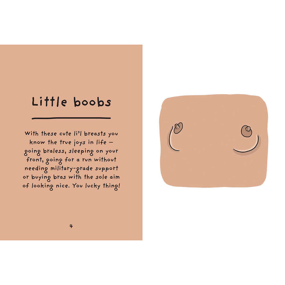 The Joy Of Boobies A Celebration Hardcover Book page featuring a playful illustration and text about little breasts.