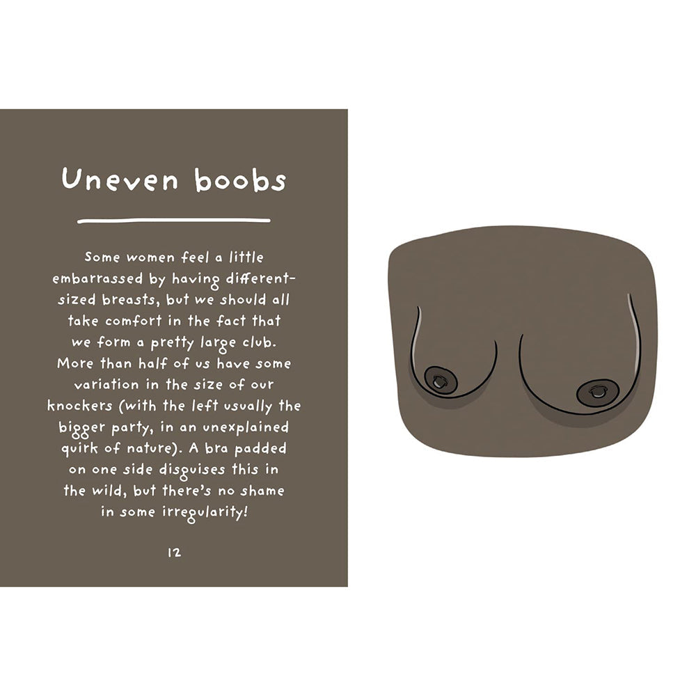 Illustration of uneven breasts with accompanying text from The Joy Of Boobies A Celebration Hardcover Book.