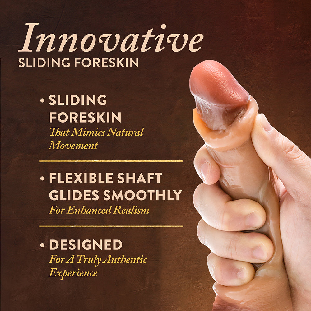 Renaissance DaVinci Sliding Foreskin Dildo with Squeezable Balls 8 inches Tan