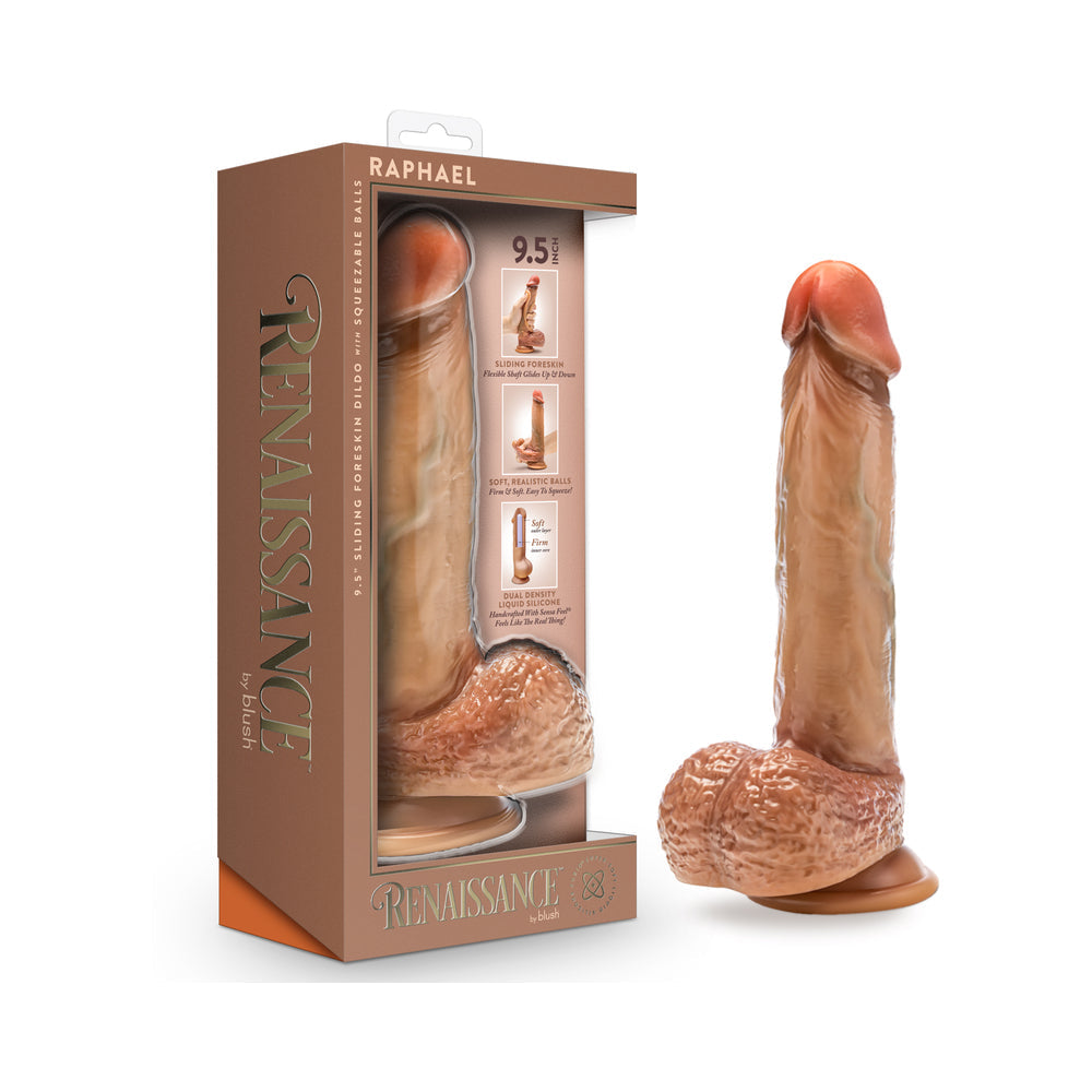 Renaissance Raphael Sliding Foreskin Dildo with Squeezable Balls 9.5 inches Tan