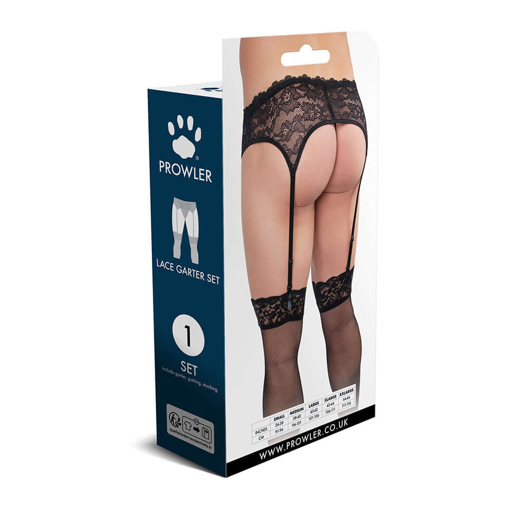 Packaging of Prowler Lace Garter Set Black Large featuring elegant lace and garter straps for a sensual look.