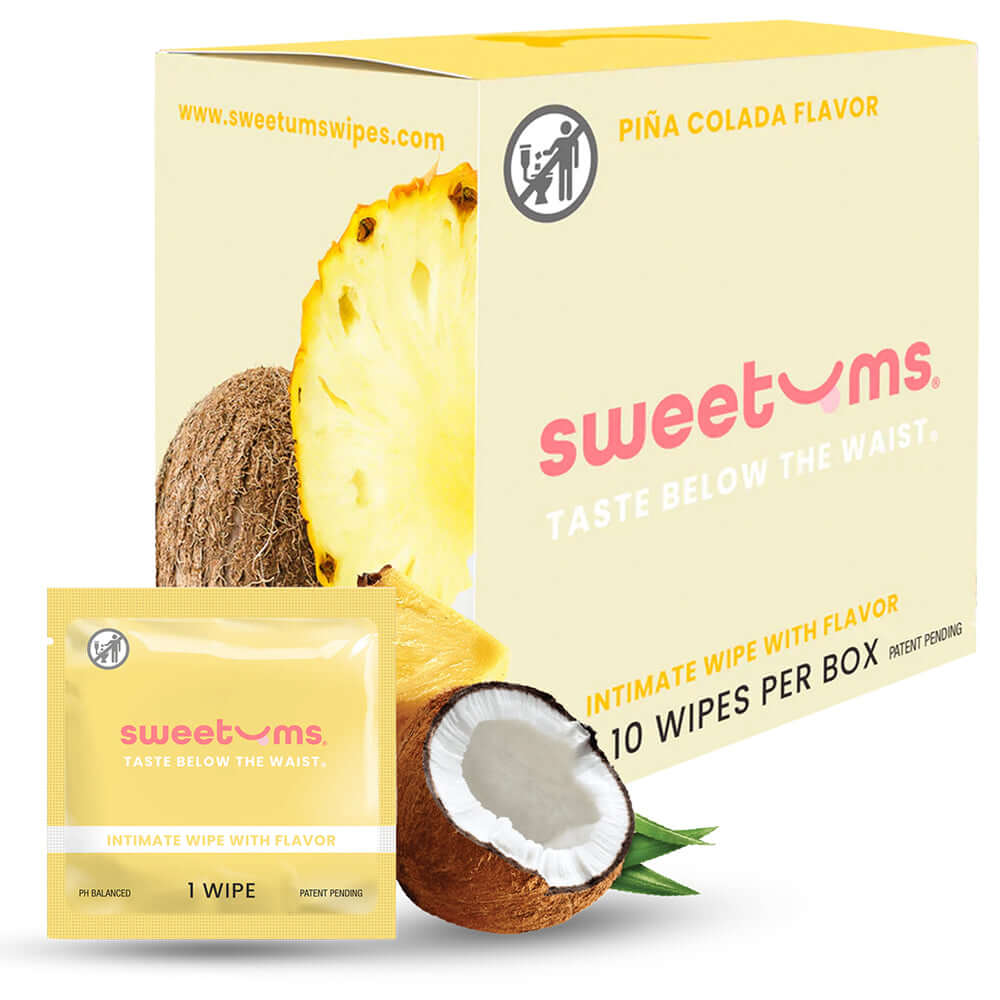 Sweetums Intimate Wipes Pina Colada Flavor 10 Pack packaging with coconut and pineapple, refreshing personal care wipes.