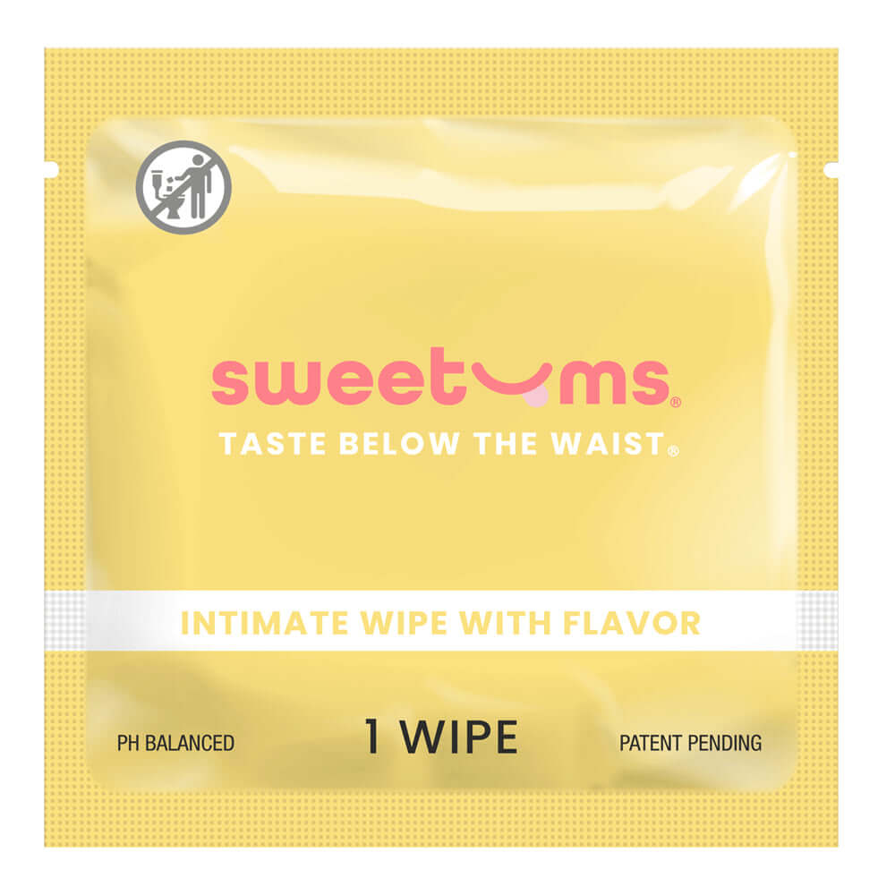 Sweetums Intimate Wipes Pina Colada Flavor 10 Pack individual wipe packaging, yellow with pink accents.