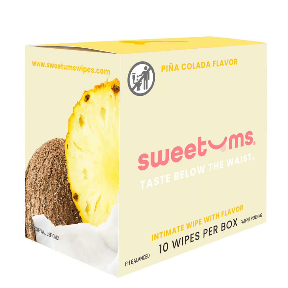 Sweetums Intimate Wipes Pina Colada Flavor 10 Pack box with pineapple and coconut imagery.