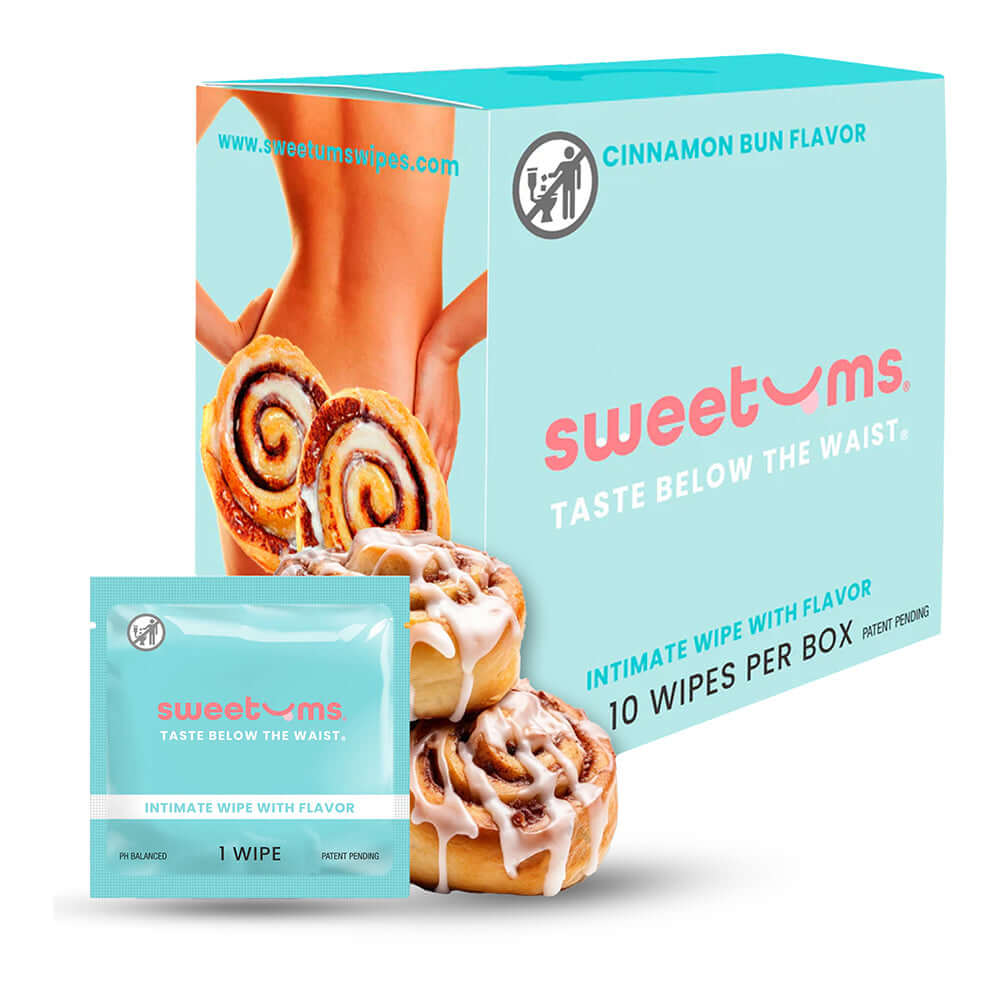 Sweetums Intimate Wipes Cinnamon Bun Flavor 10 Pack with a box and individual wipe packaging.