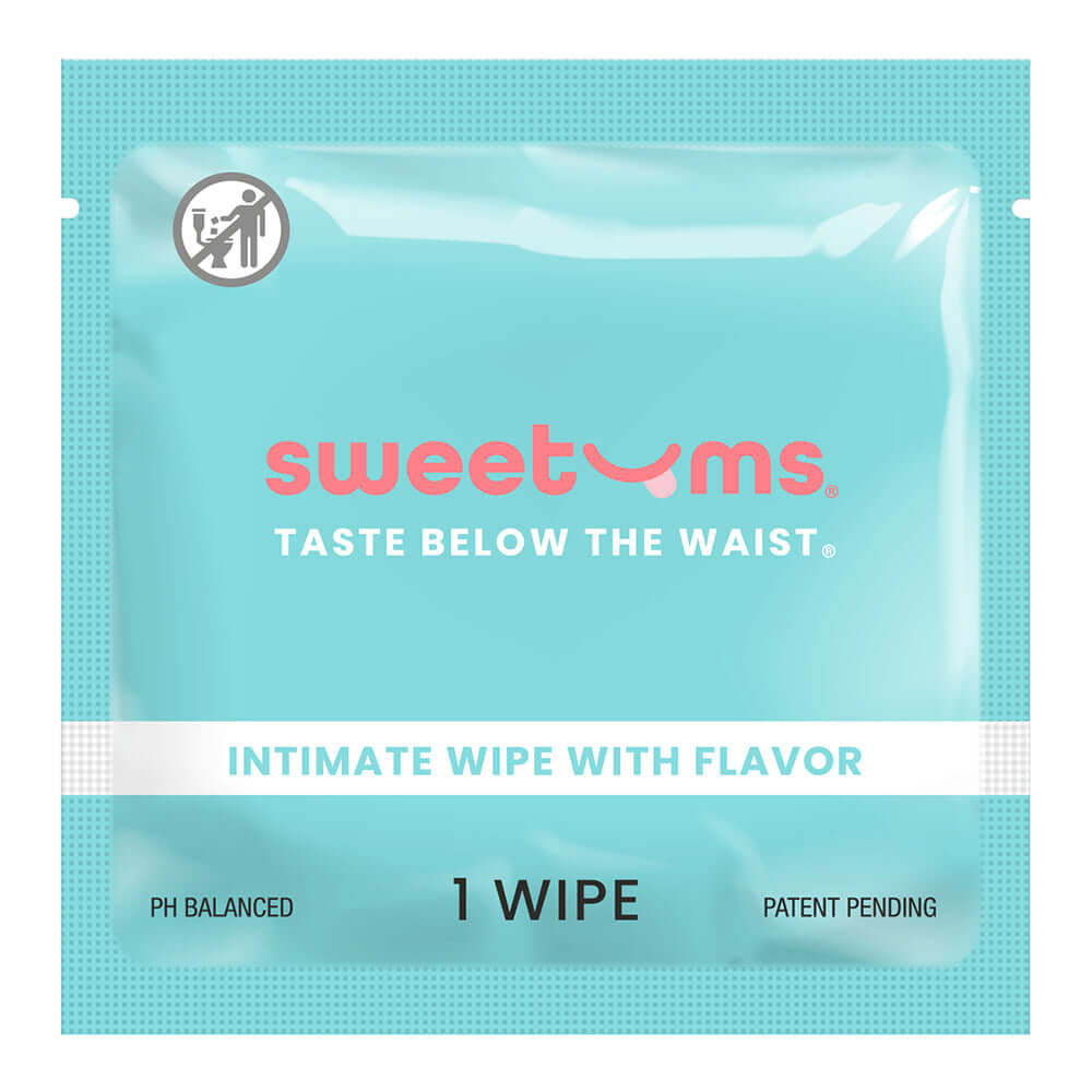 Sweetums Intimate Wipes Cinnamon Bun Flavor 10 Pack, pH balanced wipe packaging, one flavored wipe in a teal packet.