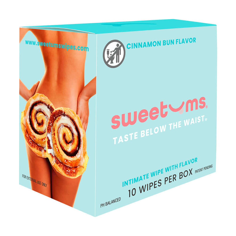 Sweetums Intimate Wipes Cinnamon Bun Flavor 10 Pack box featuring a playful design and cinnamon bun graphics.