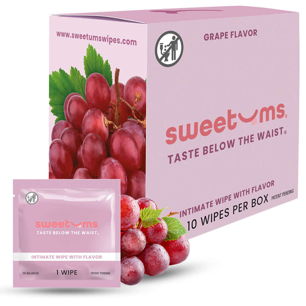 Sweetums Intimate Wipes Grape Flavor 10-Pack with grape flavor packaging and individual wipe sachet.