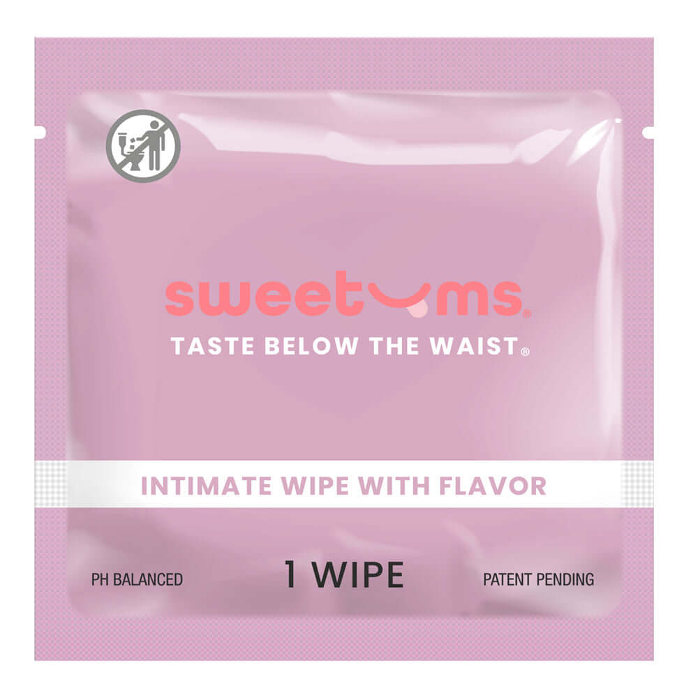 Sweetums Intimate Wipes Grape Flavor 10-Pack packaging featuring grape flavor intimate wipe with pH balanced formula.