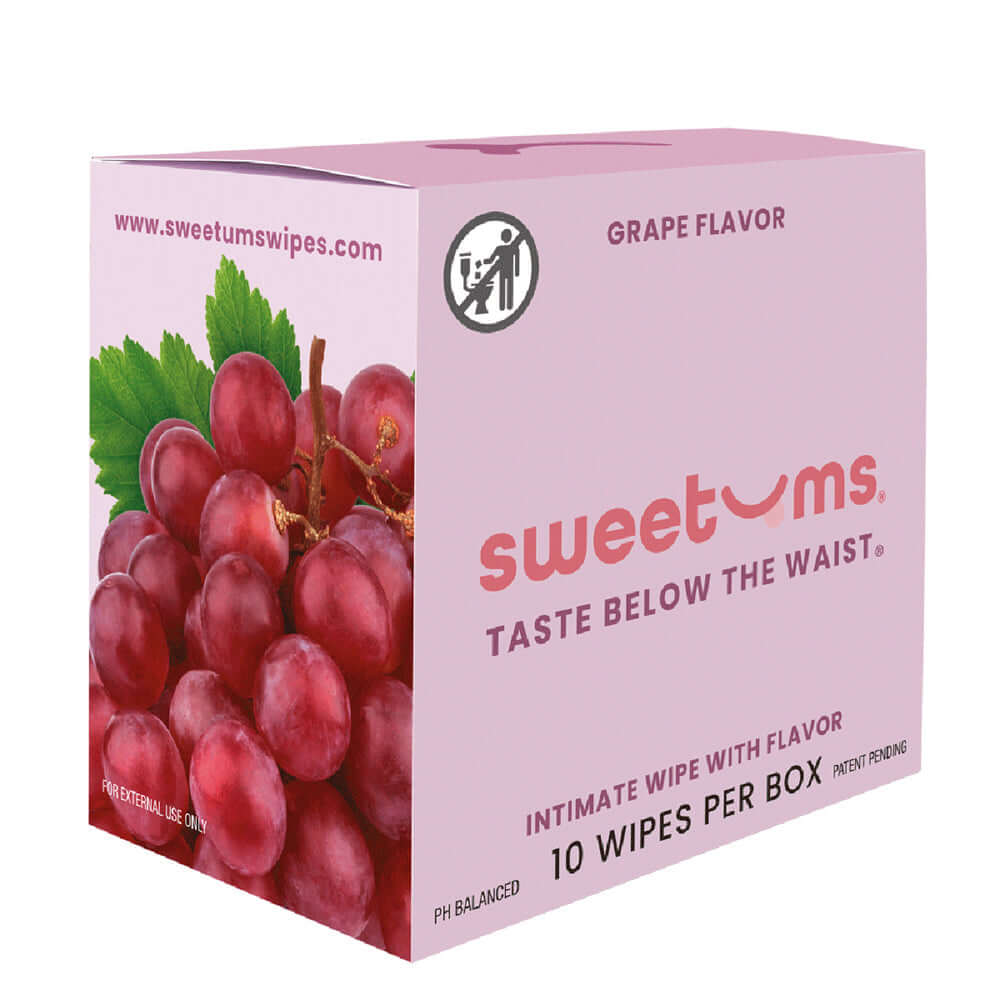Sweetums Intimate Wipes Grape Flavor 10-Pack packaging featuring grape images and product details on a pink box.