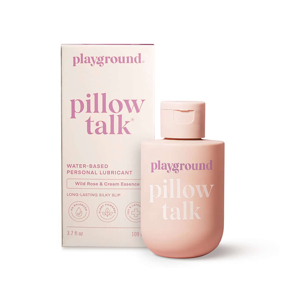 Playground Pillow Talk Water-Based Personal Lubricant packaging and bottle showcasing luxurious formula and design.