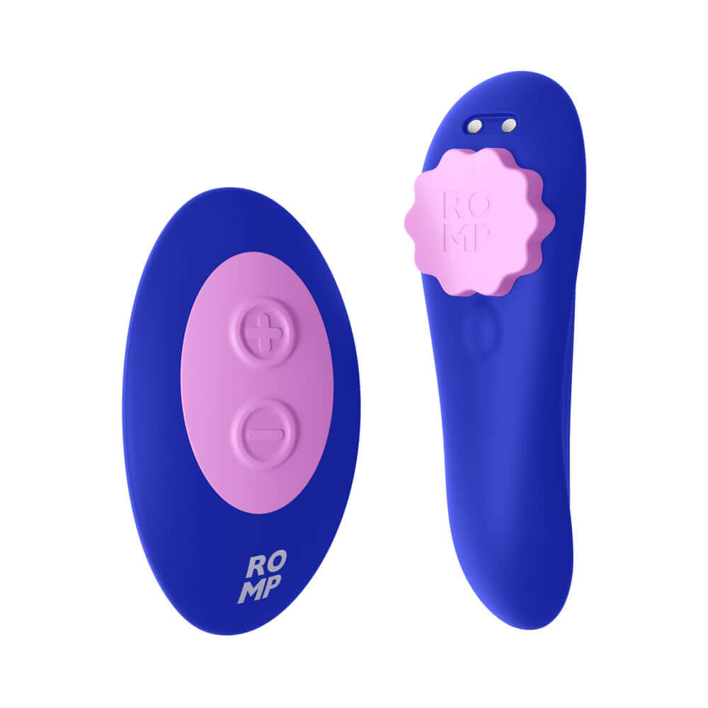 ROMP Party Wearable Panty Vibrator Purple remote control and device for clitoral pleasure.