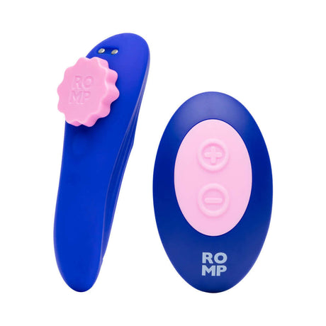 ROMP Party Wearable Panty Vibrator Purple with remote control for hands-free stimulation.