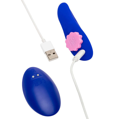 ROMP Party Wearable Panty Vibrator Purple with remote and charging cable for hands-free pleasure.