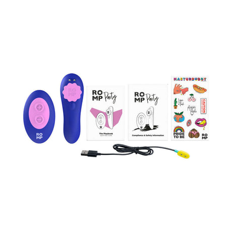 ROMP Party Wearable Panty Vibrator Purple with remote, manual, and accessories in a flat lay arrangement.