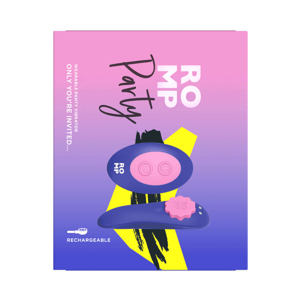 ROMP Party Wearable Panty Vibrator Purple with remote control and colorful packaging, designed for thrilling pleasure.