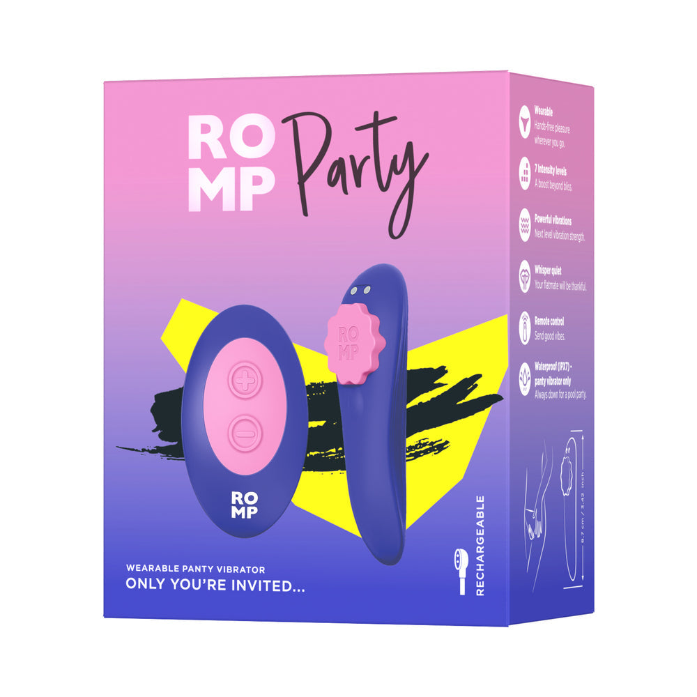 ROMP Party Wearable Panty Vibrator Purple packaging showcasing a remote-controlled vibrator and vibrant design.