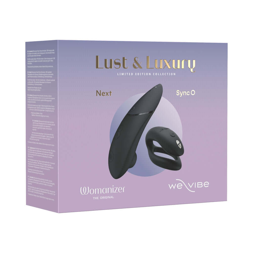 Womanizer x We-Vibe Lust and Luxury Collection Black packaging featuring Next and Sync O devices.