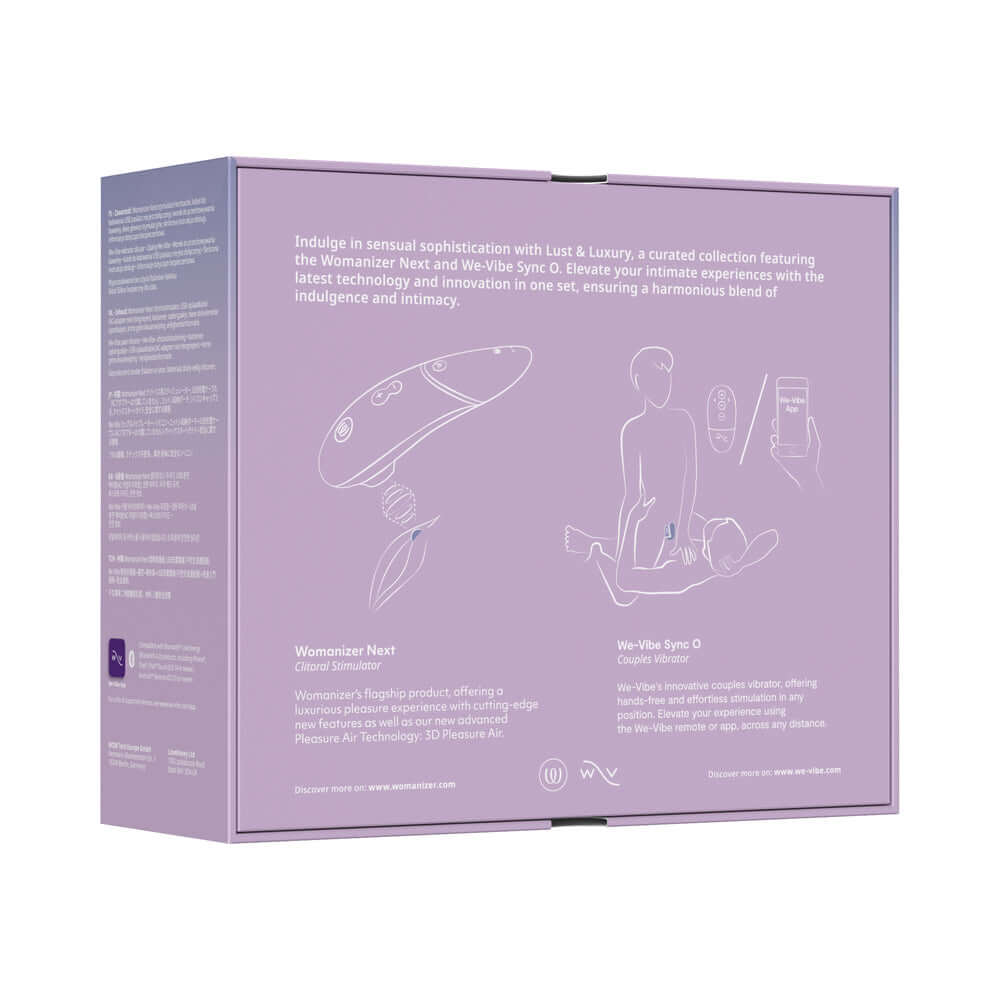 Womanizer x We-Vibe Lust and Luxury Collection Black packaging showing Womanizer Next and We-Vibe Sync O.