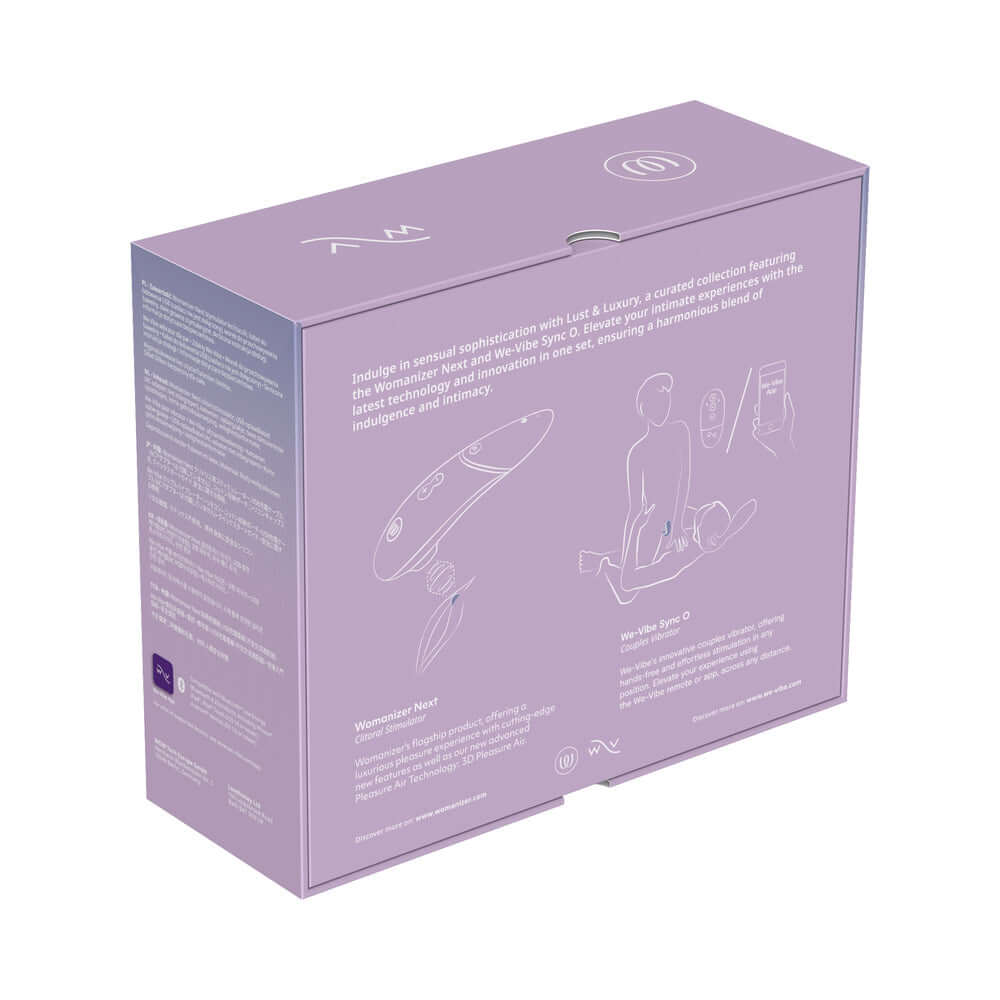 Womanizer x We-Vibe Lust and Luxury Collection Black packaging showcasing device features and instructions.