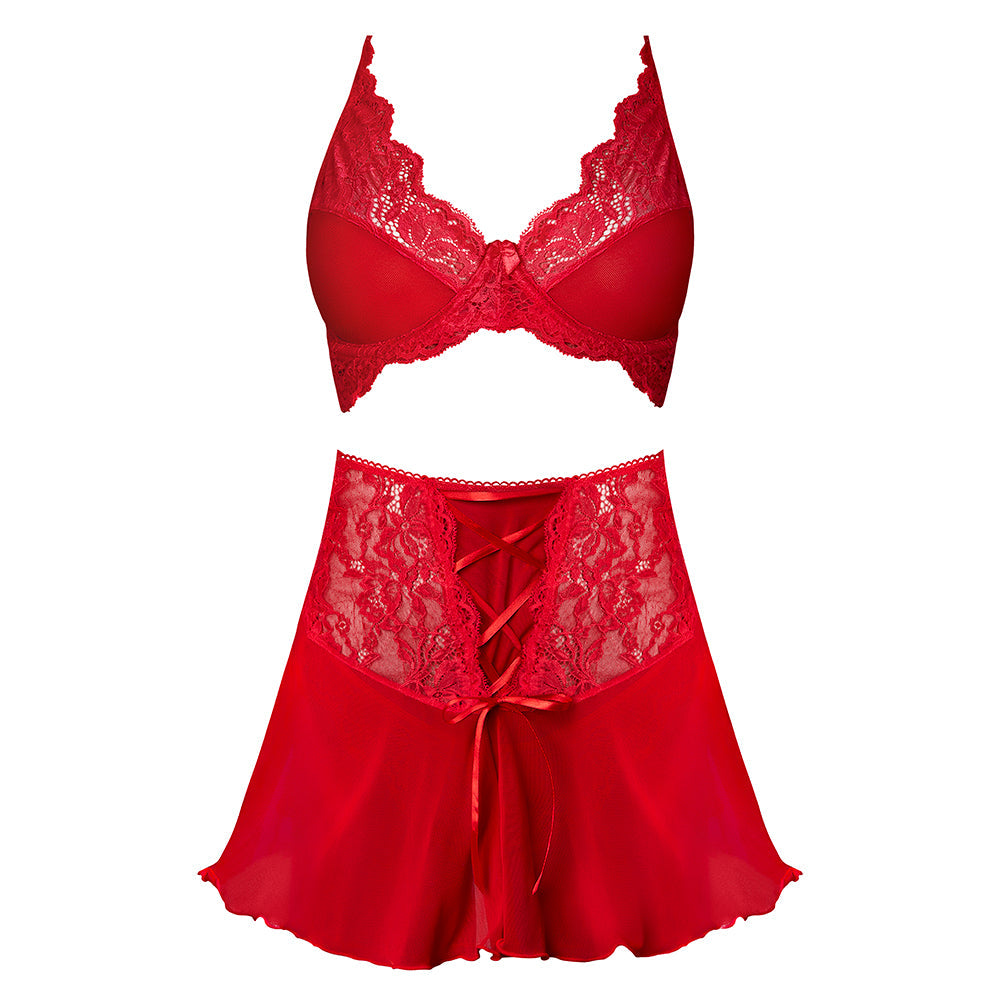 Magic Silk Sugar High Bralette, Cincher Skirt & Thong Set Red S/M