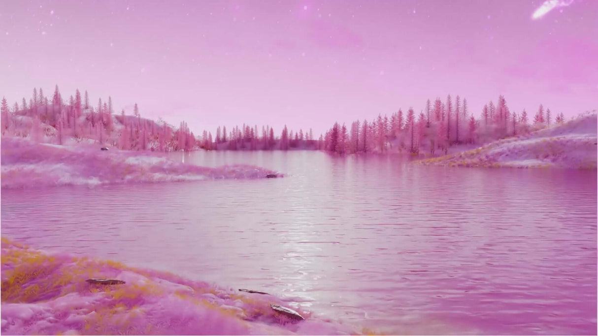A serene pink-hued landscape featuring a calm lake and trees, creating a peaceful atmosphere.