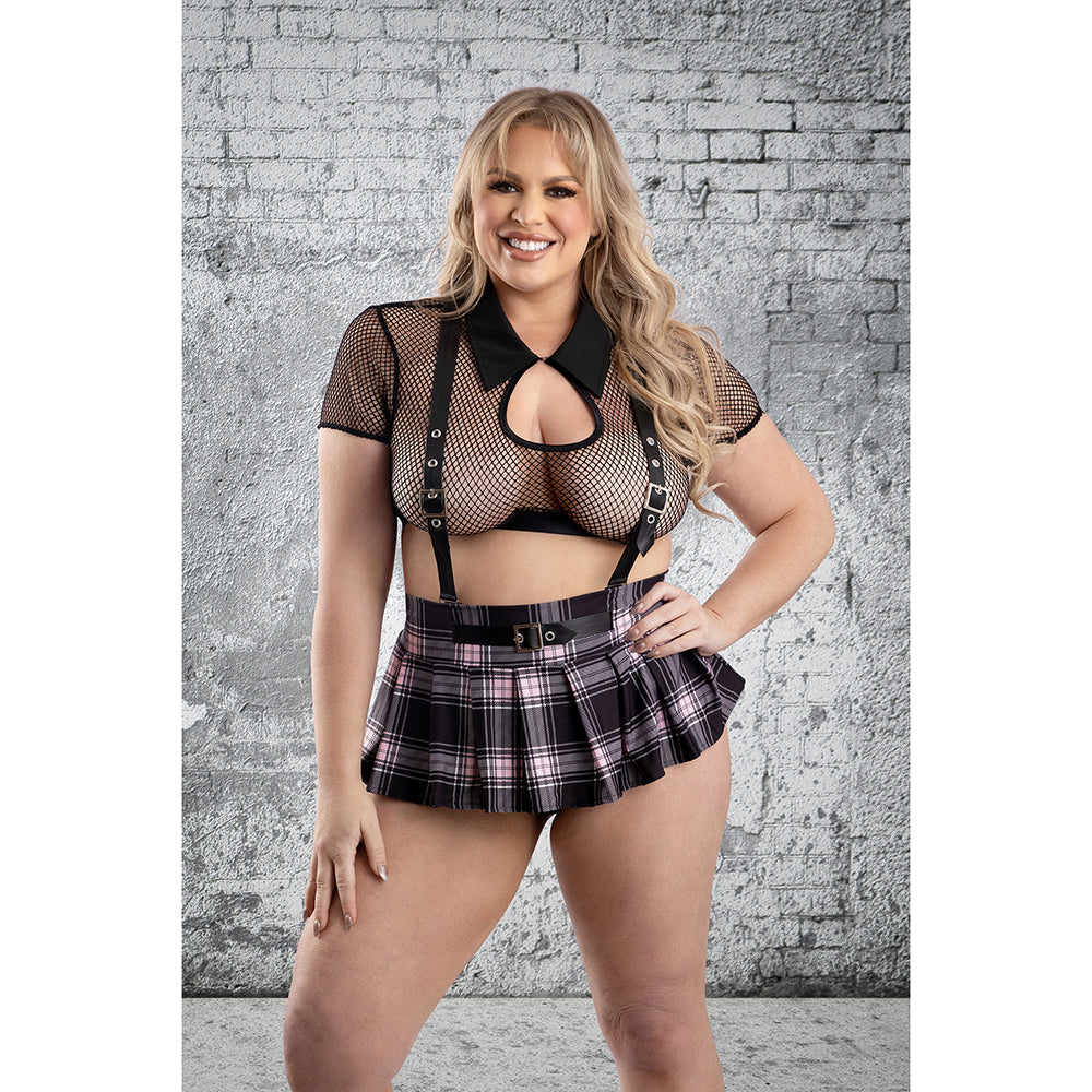 Fantasy Lingerie Skipping Class School Girl Costume 3XL/4XL model wearing fishnet crop top and plaid skirt.