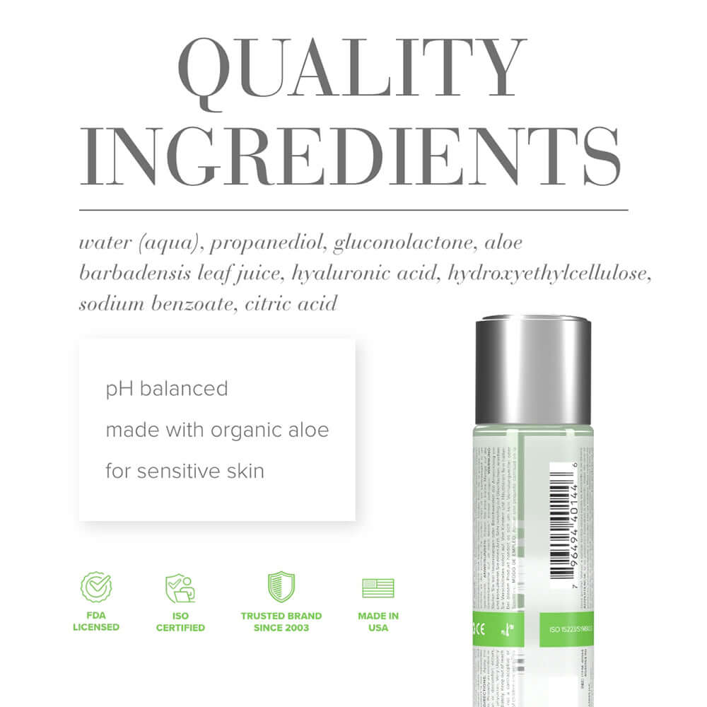 JO Aloe Water-Based Lubricant Original 8 Oz ingredients list showing quality ingredients and pH balance benefits.