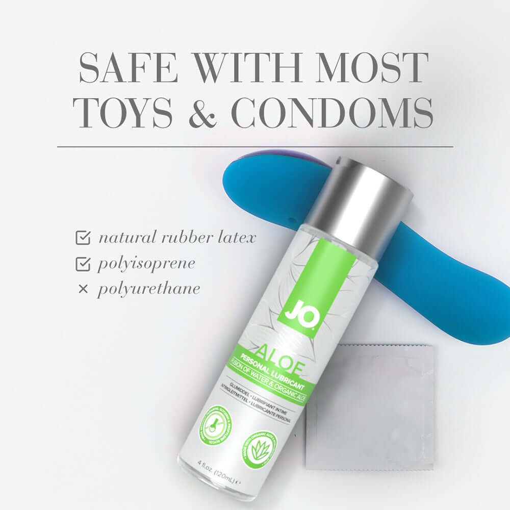 JO Aloe Water-Based Lubricant Original 8 Oz safe with most toys and condoms, features natural rubber latex, polysoprene, polyurethane.
