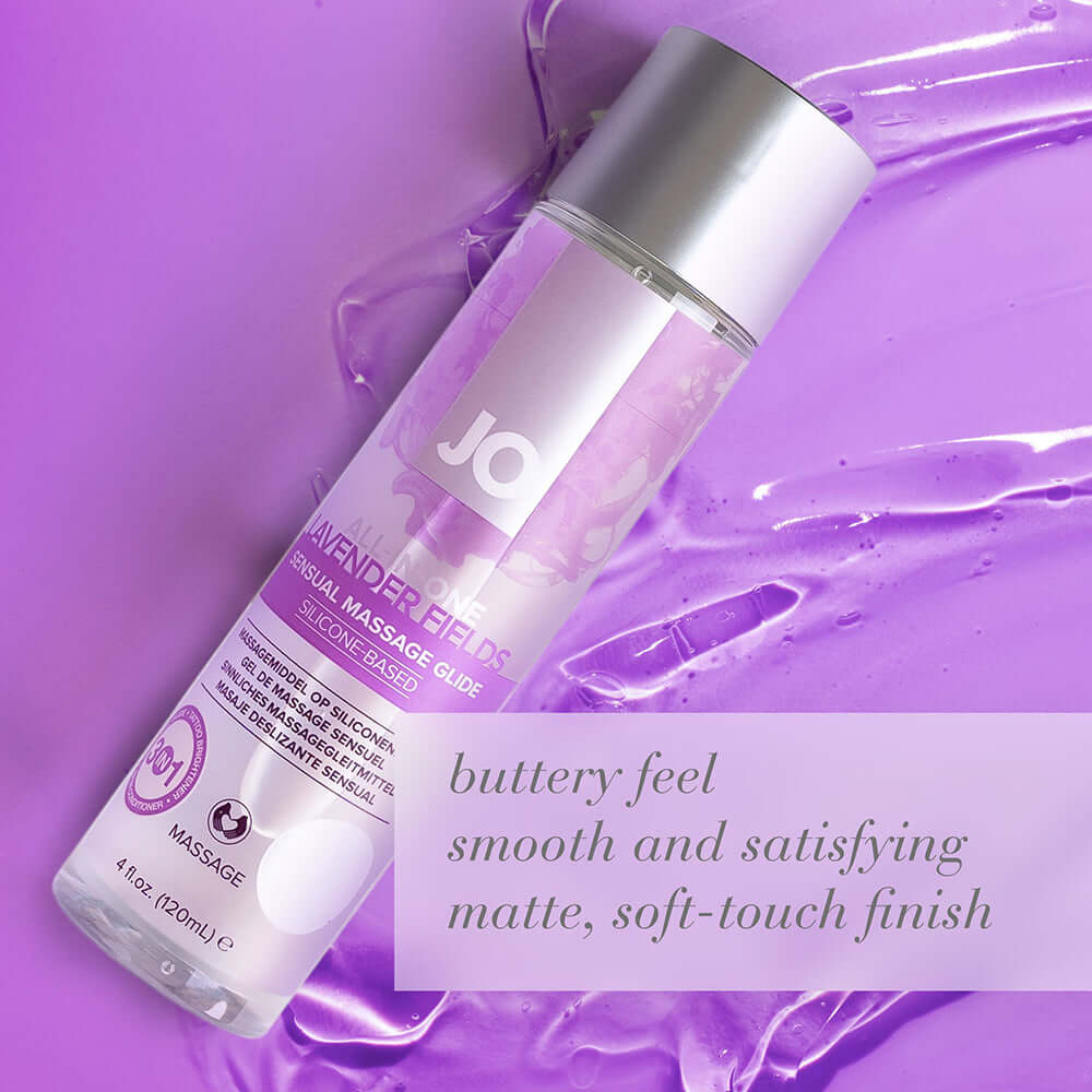 JO Agape Original Water-Based Lubricant 8 Oz bottle with lavender petals design on a sleek surface.