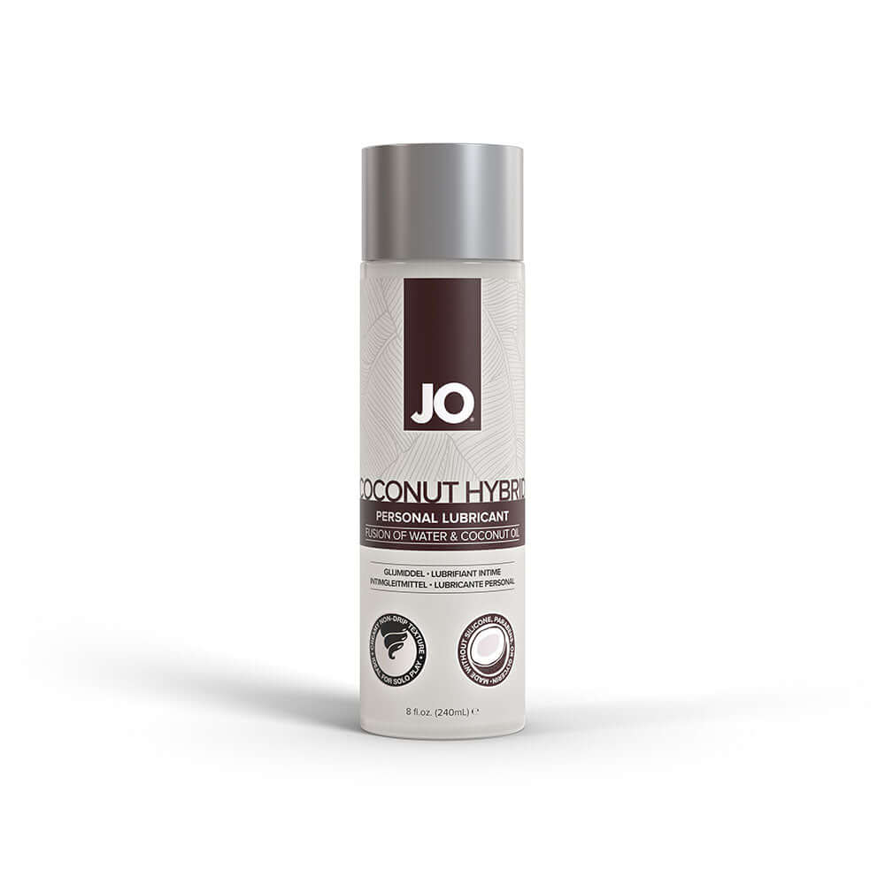 JO Coconut Hybrid Original Lubricant 8 Oz bottle showcasing its premium formula combining coconut oil and water-based ingredients.