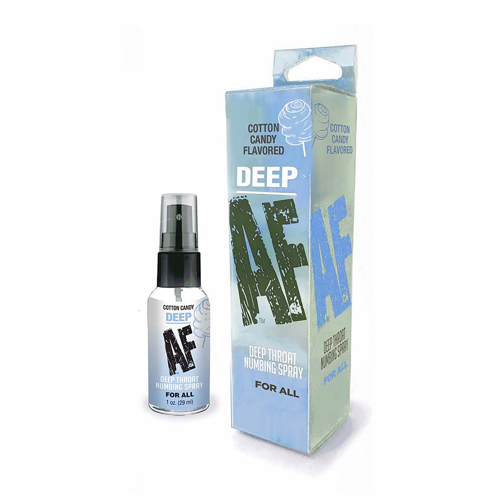 Deep AF Numbing Deep Throat Spray Cotton Candy 1 Oz in spray bottle with packaging.