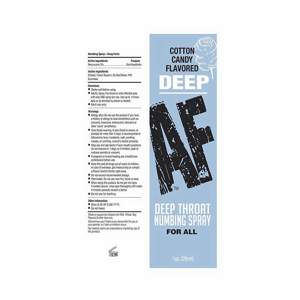 Deep AF Numbing Deep Throat Spray Cotton Candy 1 Oz. product packaging and ingredient details.