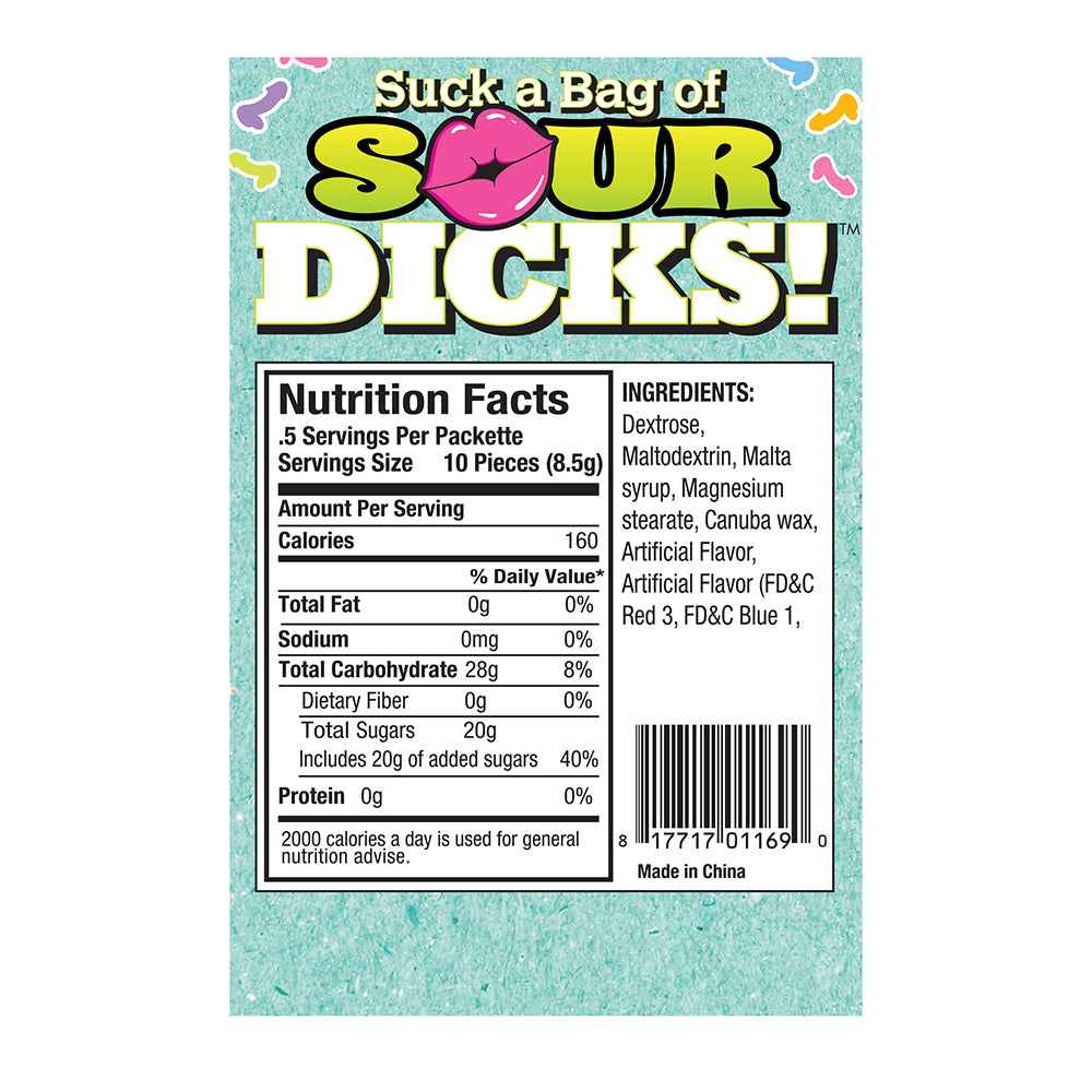 Suck a Bag of Sour Dicks 25 Piece Bag nutrition facts label with ingredients and serving information.