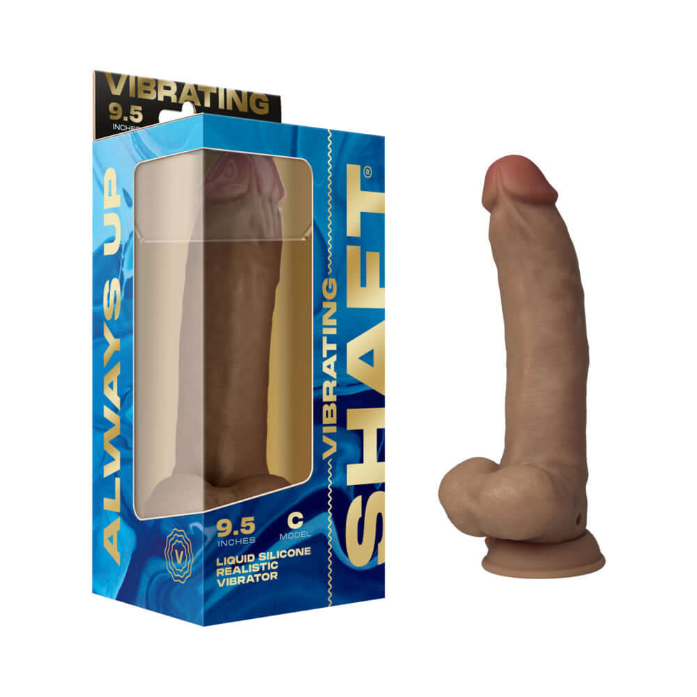 Shaft Vibrating Model C 9.5 inch Dual Density Silicone Dildo Oak in packaging with realistic design.