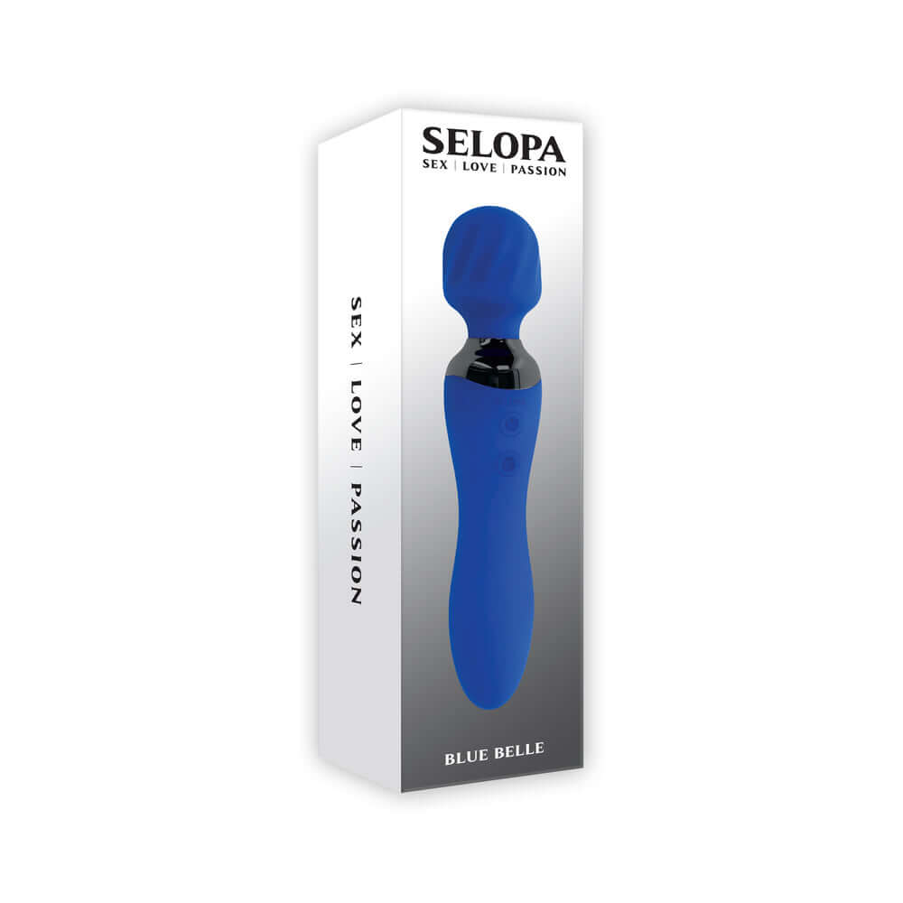 Selopa Blue Belle Rechargeable Dual-Ended Wand Vibrator Blue packaging with sleek design and branding.