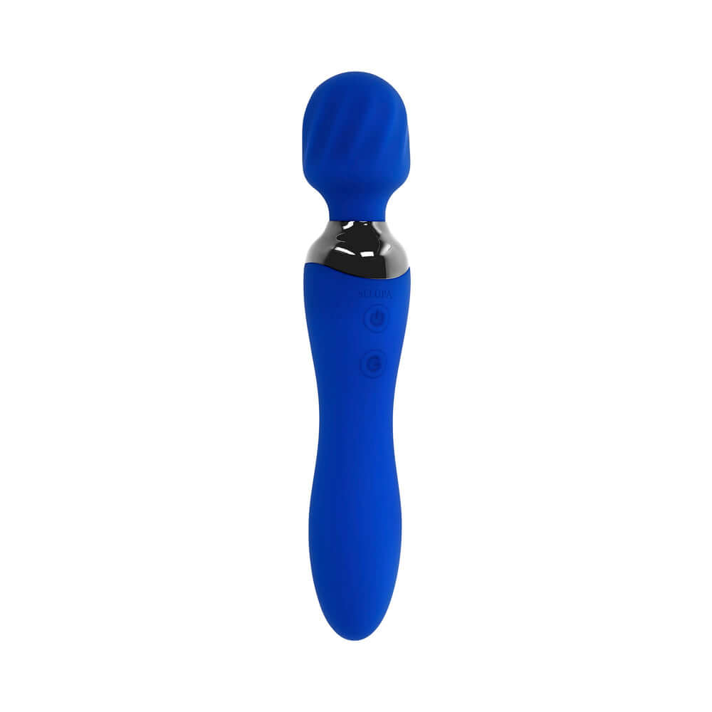 Selopa Blue Belle Rechargeable Dual-Ended Wand Vibrator Blue showing sleek blue design and dual motor stimulation features.