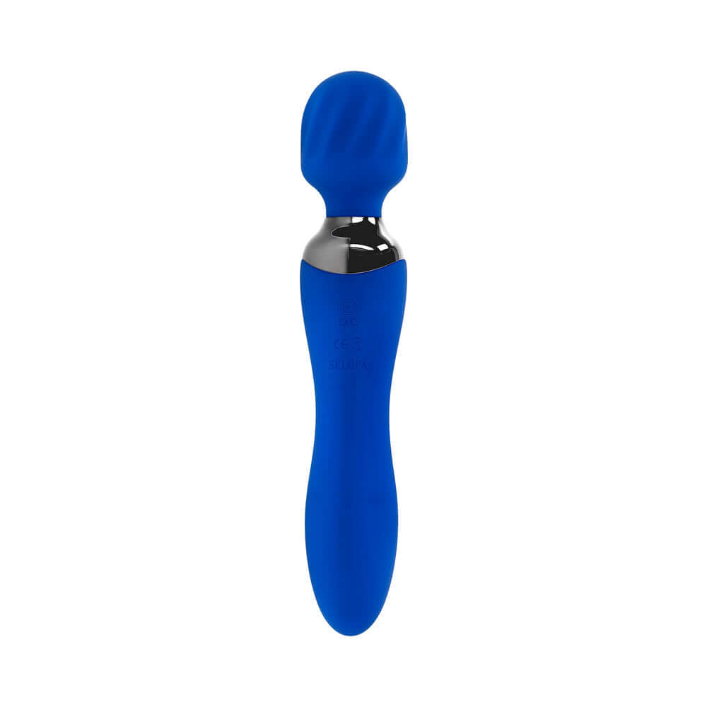 Selopa Blue Belle Rechargeable Dual-Ended Wand Vibrator Blue with sleek design and textured head for customizable pleasure