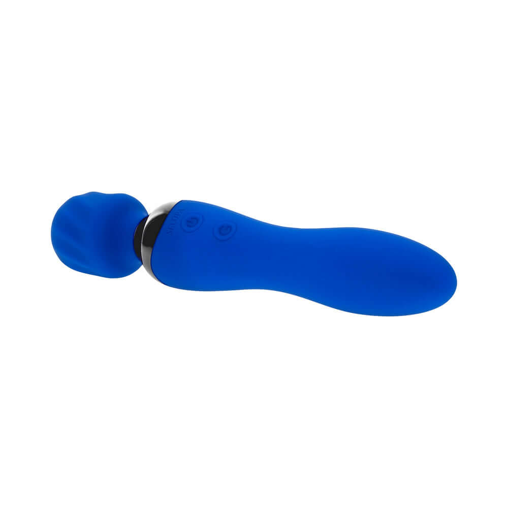 Selopa Blue Belle Rechargeable Dual-Ended Wand Vibrator Blue highlighting its sleek design and dual motors for stimulation.