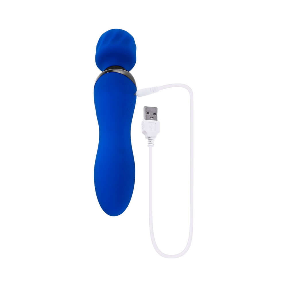 Selopa Blue Belle Rechargeable Dual-Ended Wand Vibrator Blue with USB charging cable, sleek design.
