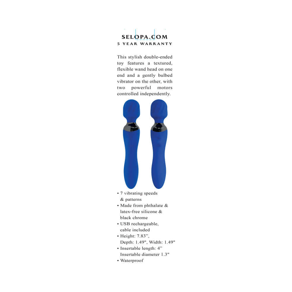 Selopa Blue Belle Rechargeable Dual-Ended Wand Vibrator Blue showcasing its sleek design and features.