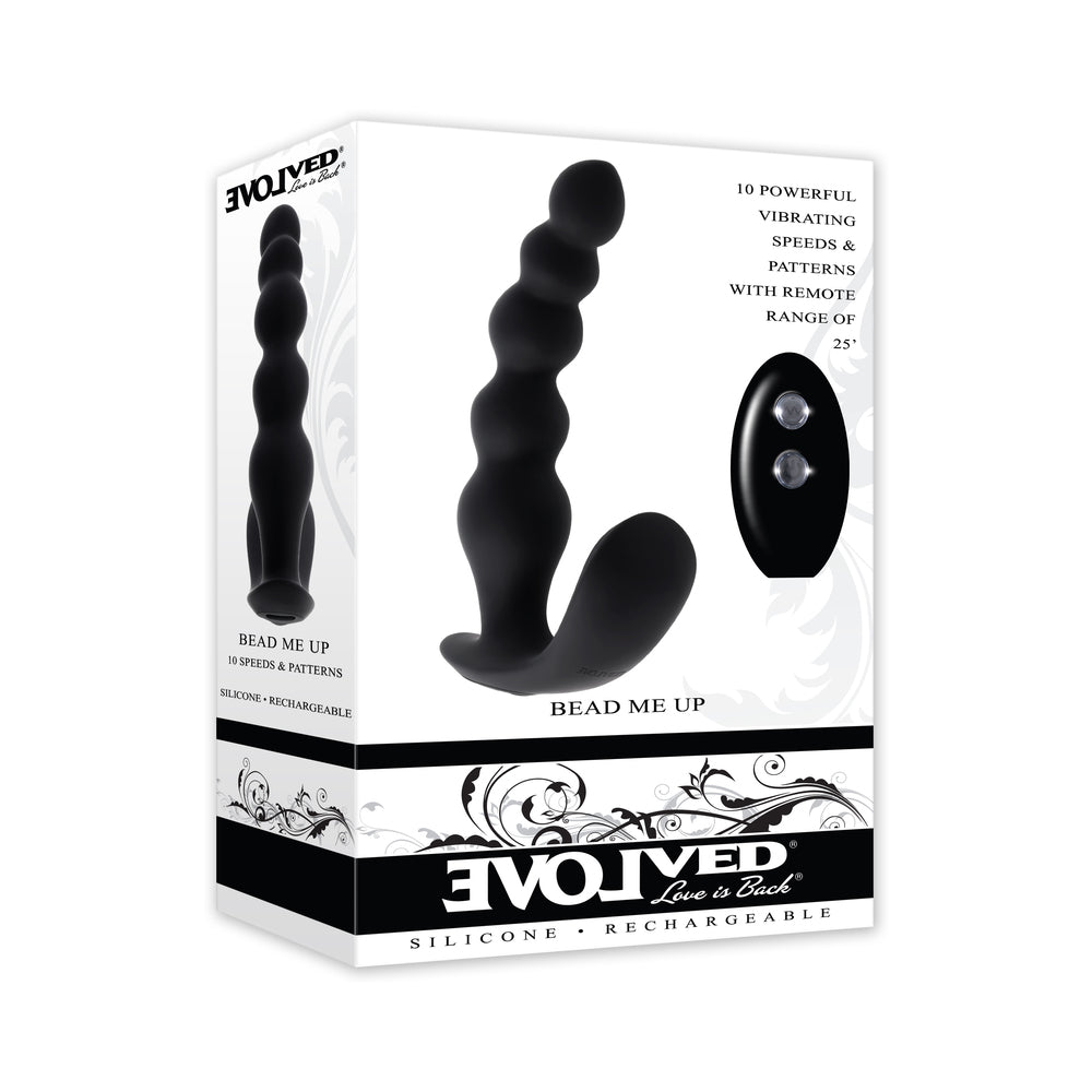 Evolved Bead Me Up Prostate Rechargeable Black packaging showcasing sleek anal vibrator with 10 vibrating speeds and remote.