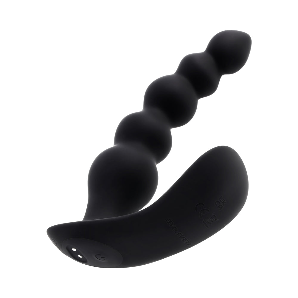 Evolved Bead Me Up Prostate Rechargeable Black anal vibrator with graduated beaded shaft for pleasure.