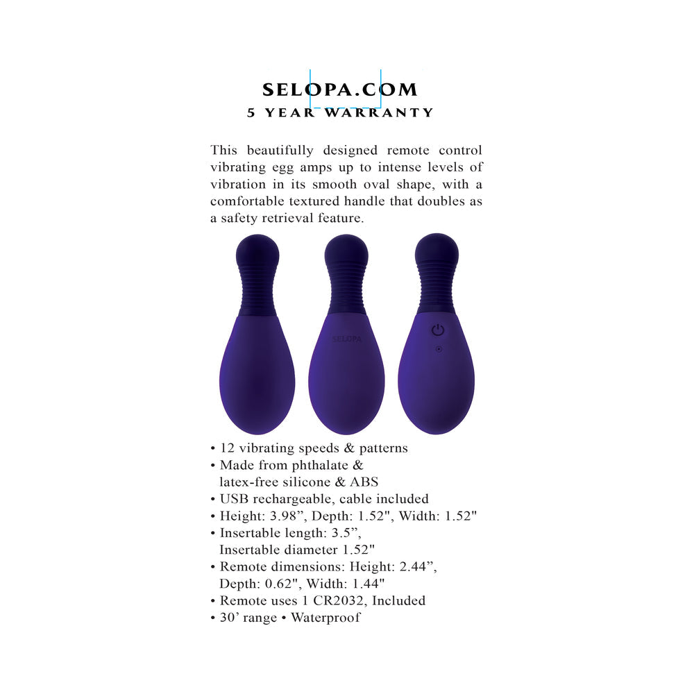 Selopa Egg On Me Rechargeable Vibrating Egg with Remote Silicone Purple